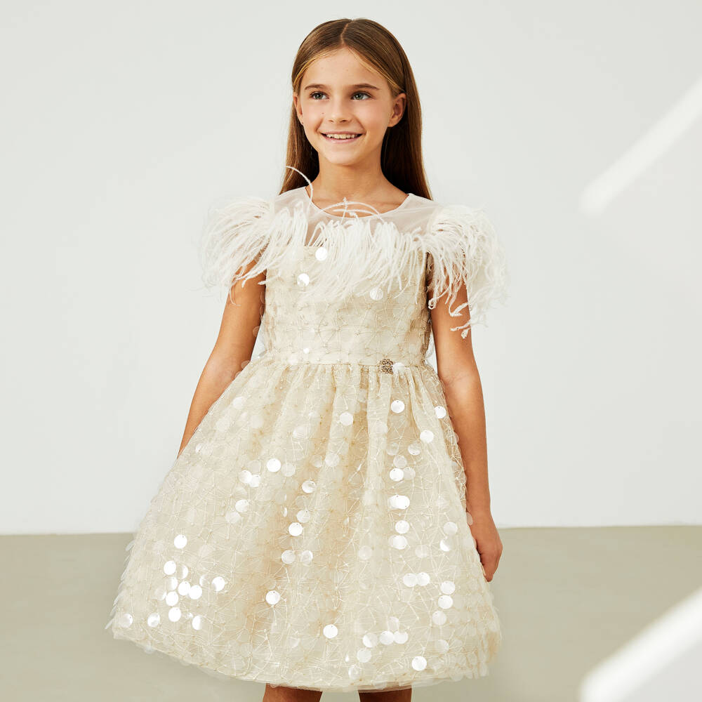 Elie Saab-Золотое блестящее платье из тюля для девочек | Childrensalon Outlet
