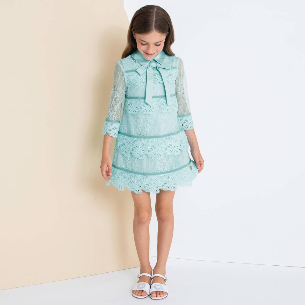 Elie Saab-Girls Turquoise Blue Guipure Lace Dress | Childrensalon Outlet