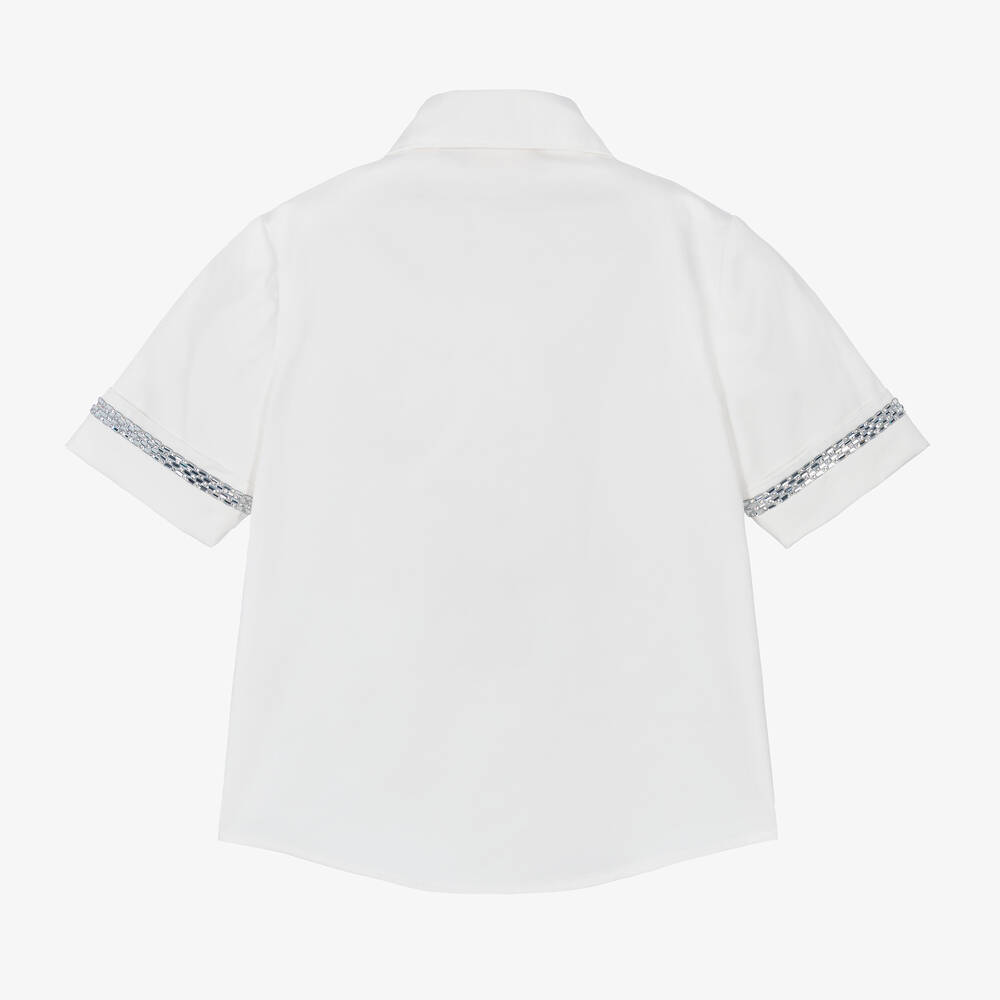 Elie Saab-Белая хлопковая блузка с бантом и стразами для девочек | Childrensalon Outlet