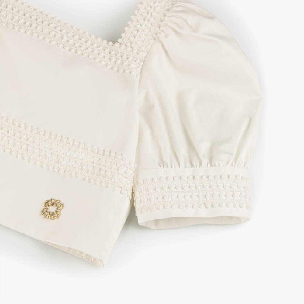Elie Saab-Girls White Cotton Pom-Pom Lace Puff Sleeve Blouse | Childrensalon Outlet