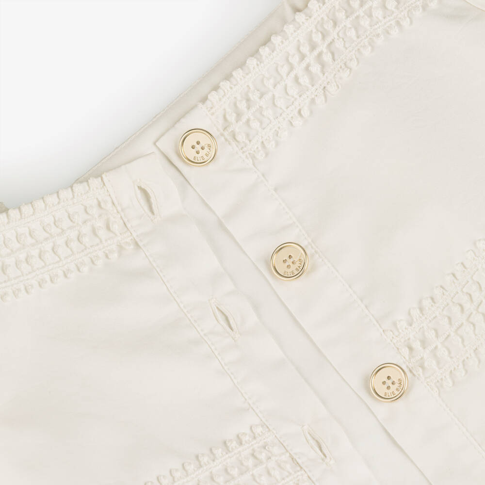 Elie Saab-Girls White Cotton Pom-Pom Lace Puff Sleeve Blouse | Childrensalon Outlet