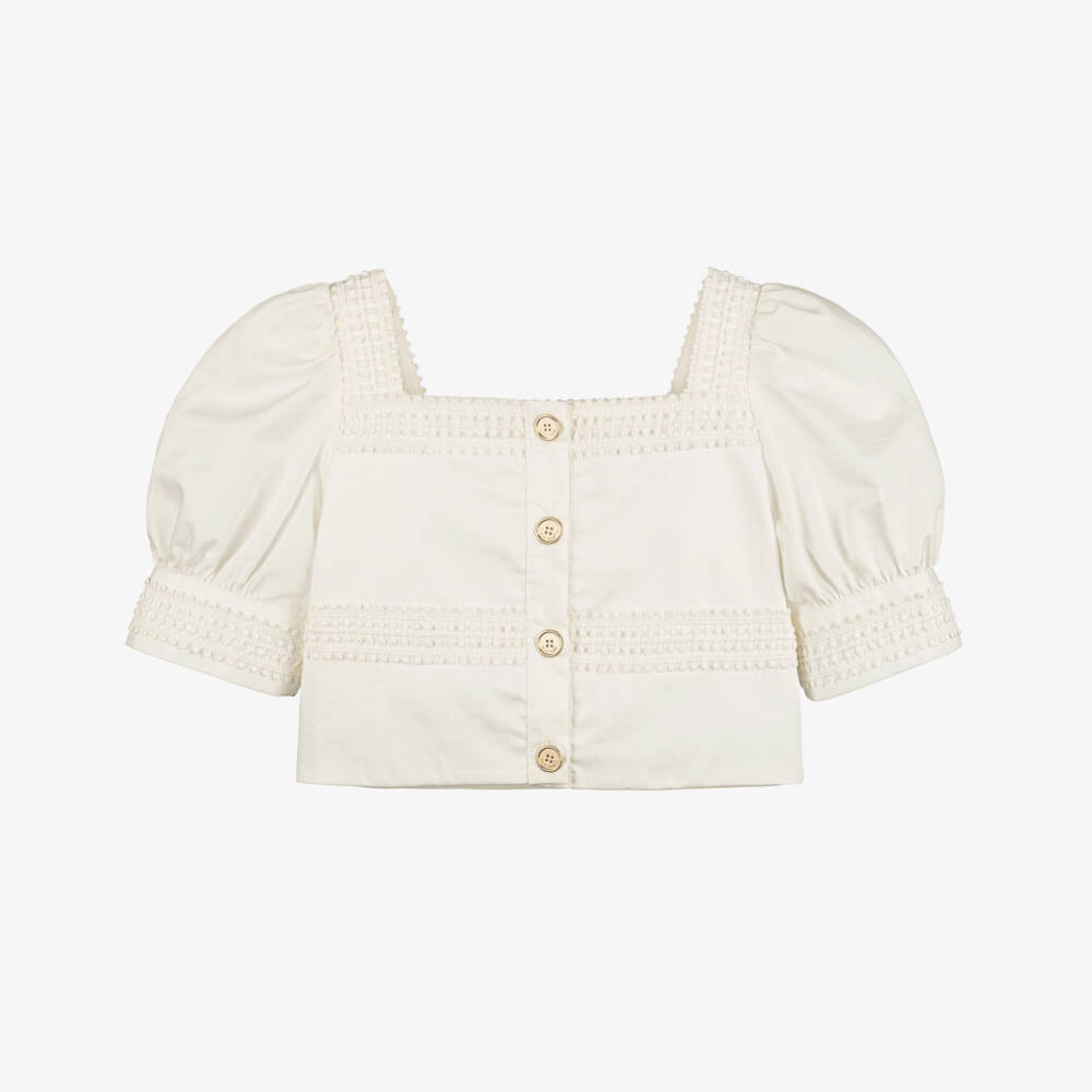 Elie Saab-Girls White Cotton Pom-Pom Lace Puff Sleeve Blouse | Childrensalon Outlet