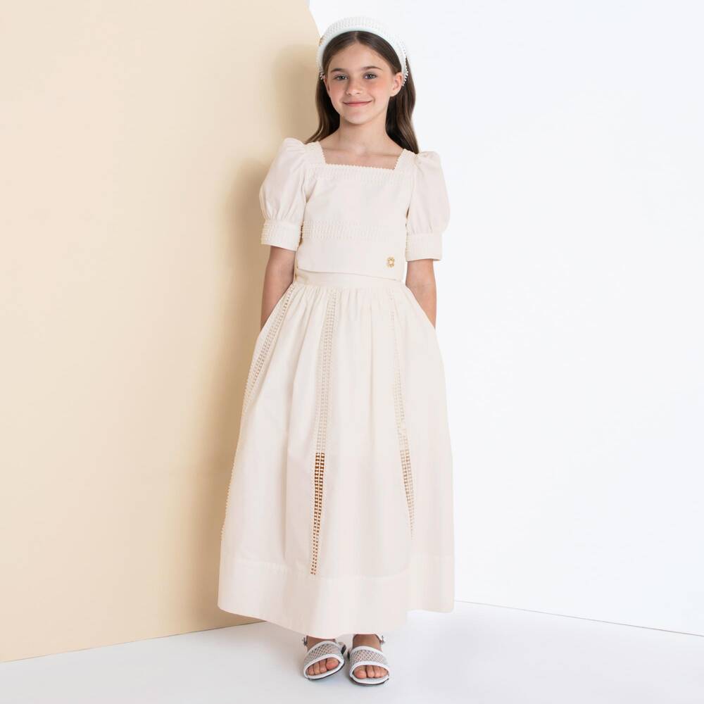 Elie Saab-Girls White Cotton Pom-Pom Lace Puff Sleeve Blouse | Childrensalon Outlet