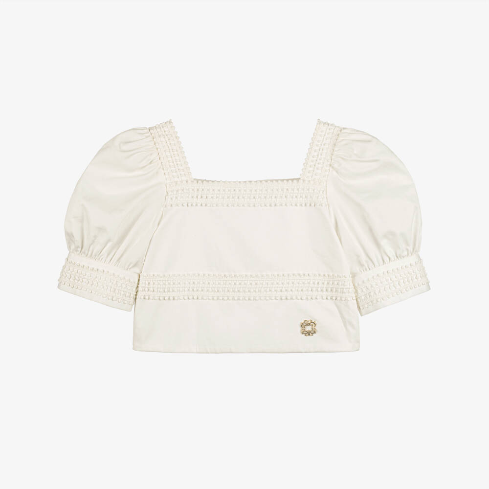 Elie Saab-Girls White Cotton Pom-Pom Lace Puff Sleeve Blouse | Childrensalon Outlet