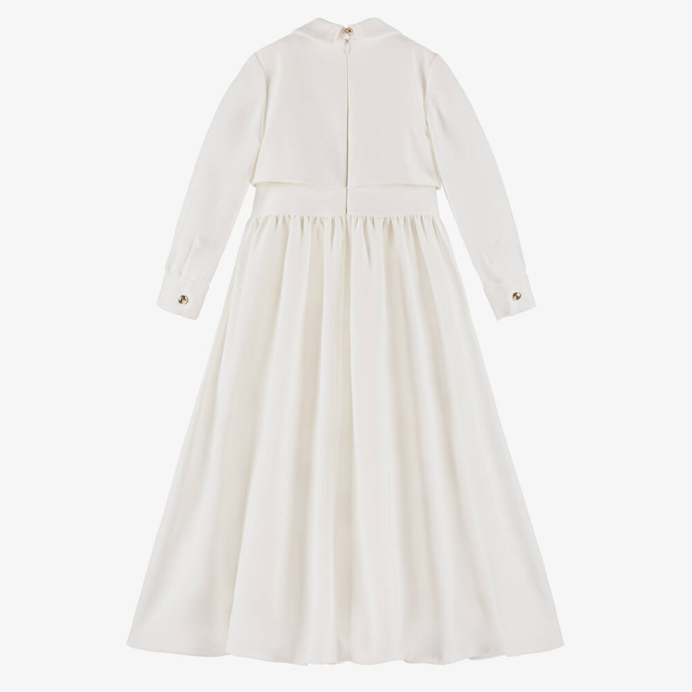 Elie Saab-Girls White Crêpe Embroidered Logo Dress with Bow | Childrensalon Outlet