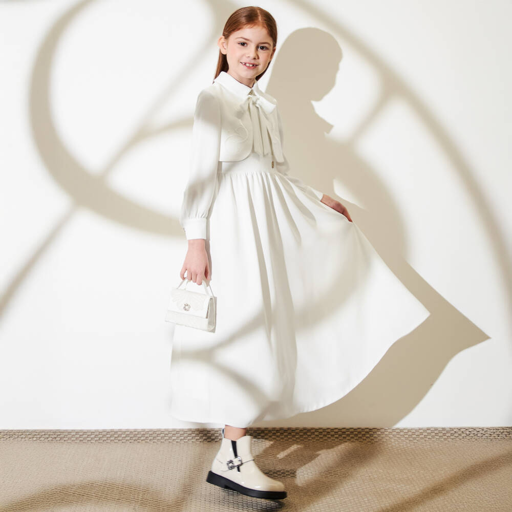 Elie Saab-Girls White Crêpe Embroidered Logo Dress with Bow | Childrensalon Outlet