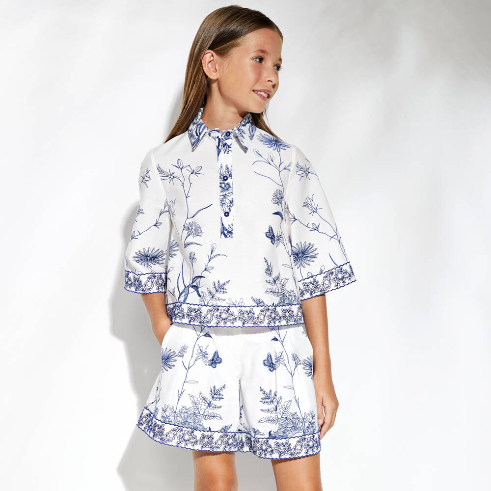 Elie Saab-Girls White Floral Embroidered Cotton Shorts | Childrensalon Outlet