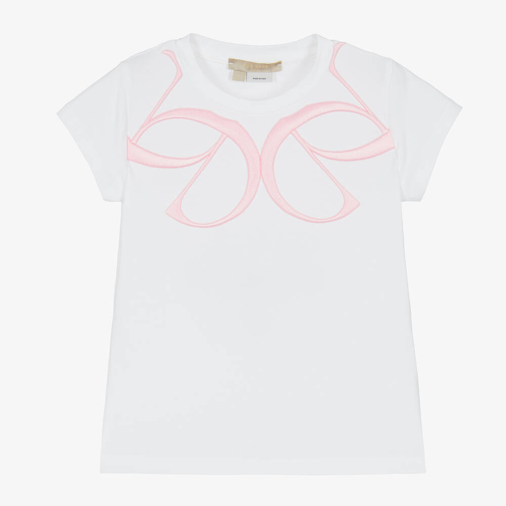 Elie Saab - Girls White & Pink Cotton Logo T-Shirt | Childrensalon