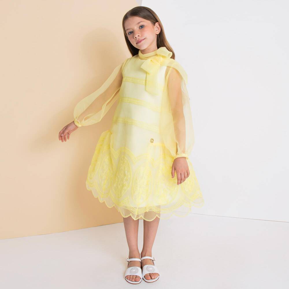 Elie Saab-Girls Yellow Embroidered Organza Dress | Childrensalon Outlet