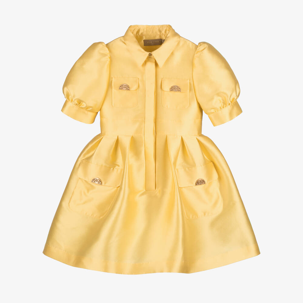 Elie Saab-Girls Yellow Satin Puff Sleeve Dress with Gold Logo Detailing | Childrensalon Outlet