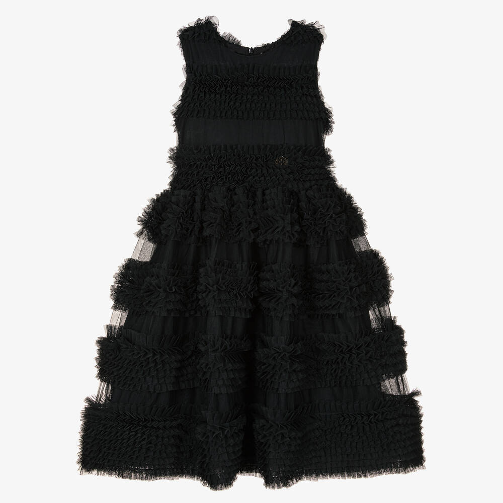 Elie Saab - Teen Girls Black Tulle Frills Logo Dress | Childrensalon