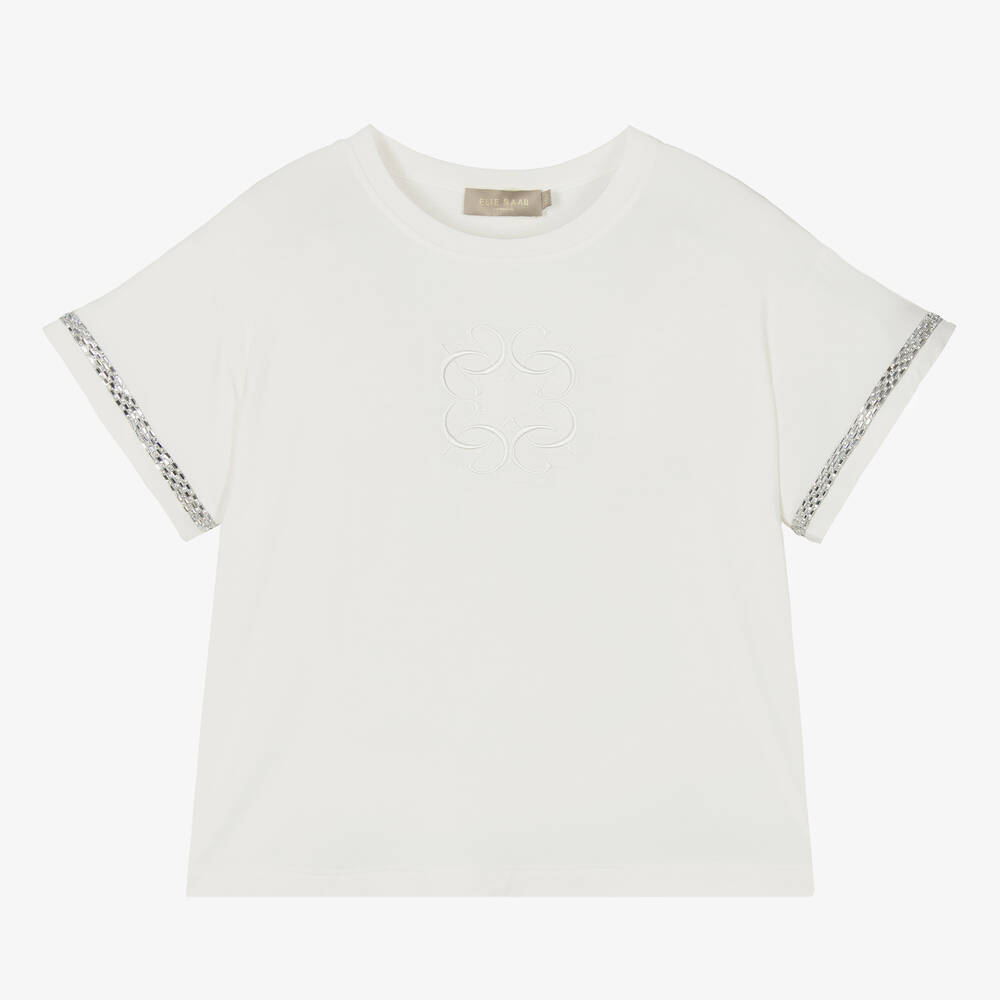 Elie Saab-Teen Girls Ivory & Diamanté Viscose T-Shirt | Childrensalon Outlet