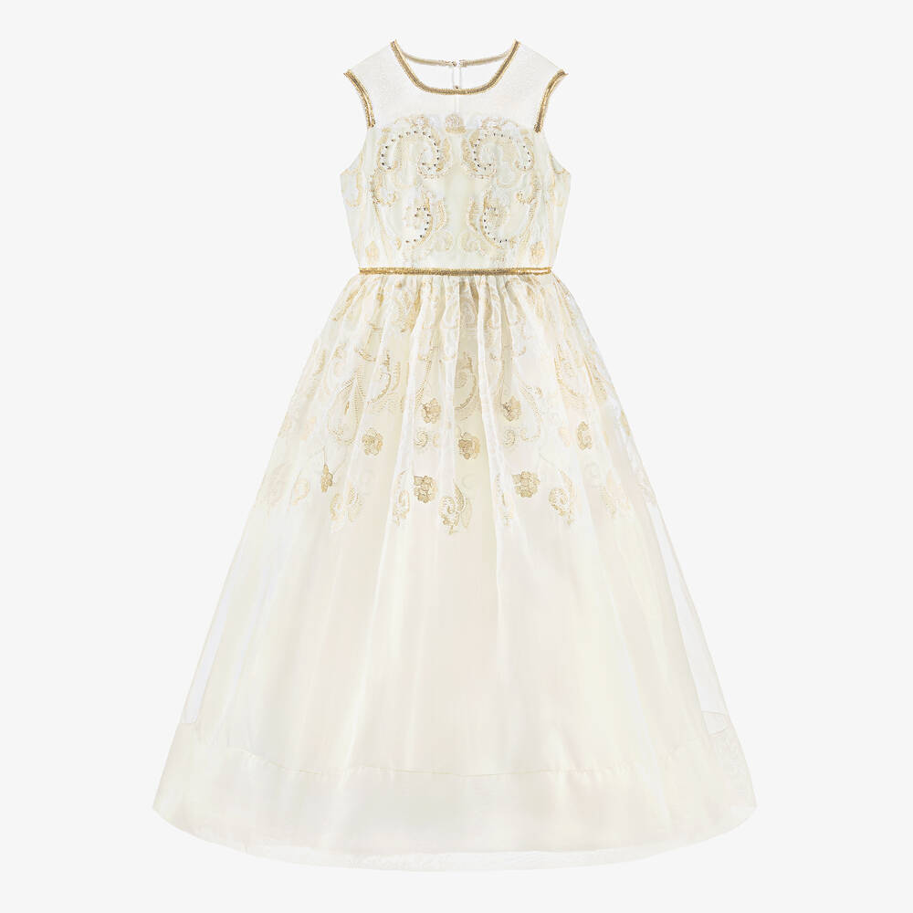 Elie Saab-Teen Girls Ivory & Gold Organza Dress | Childrensalon Outlet