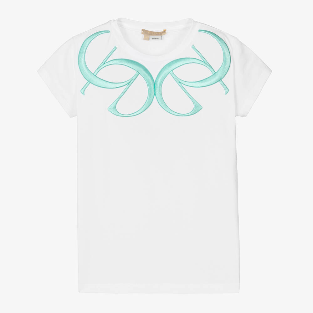 Elie Saab - T-shirt blanc à monogramme bleu ado | Childrensalon