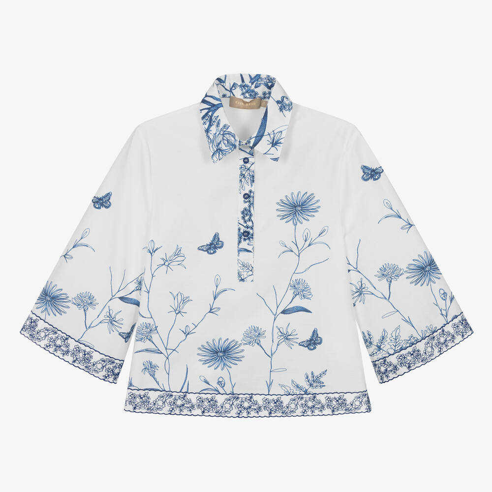 Elie Saab-Teen Girls White Floral Embroidered Cotton Shirt | Childrensalon Outlet