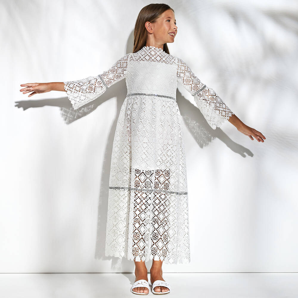 Elie Saab Robe blanche en dentelle guipure de coton a strass ado fille Childrensalon Outlet