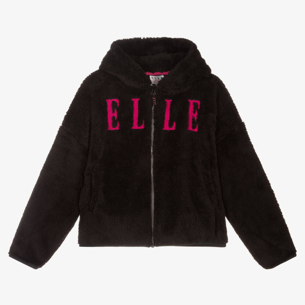 Elle - Black Logo Faux Fur Zip-Up Top | Childrensalon