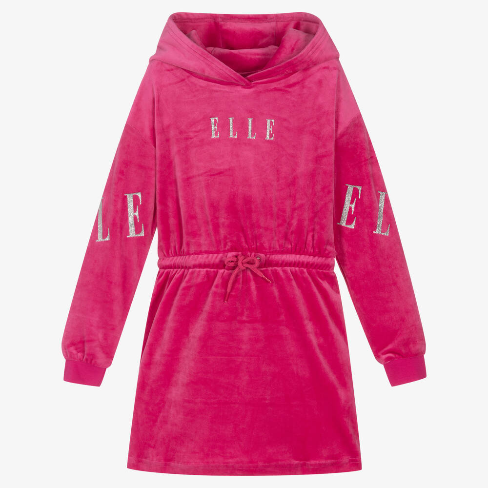 Elle - Pink Velour Hooded Logo Dress | Childrensalon