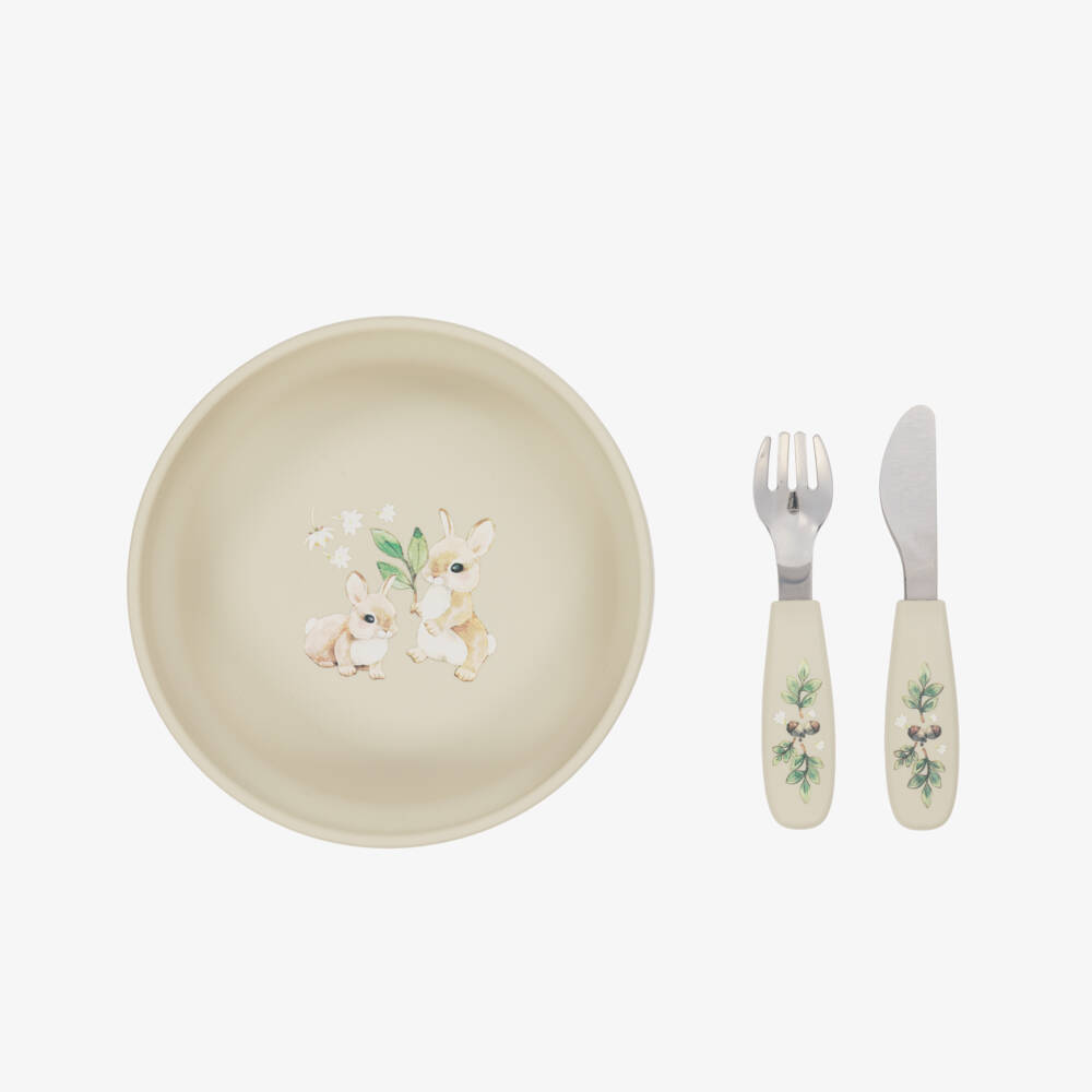 Elodie-Beige Bunny Darling Plate & Cutlery Set | Childrensalon Outlet