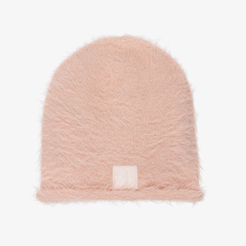 Elodie-Girls Powder Pink Furry Knit Beanie | Childrensalon Outlet