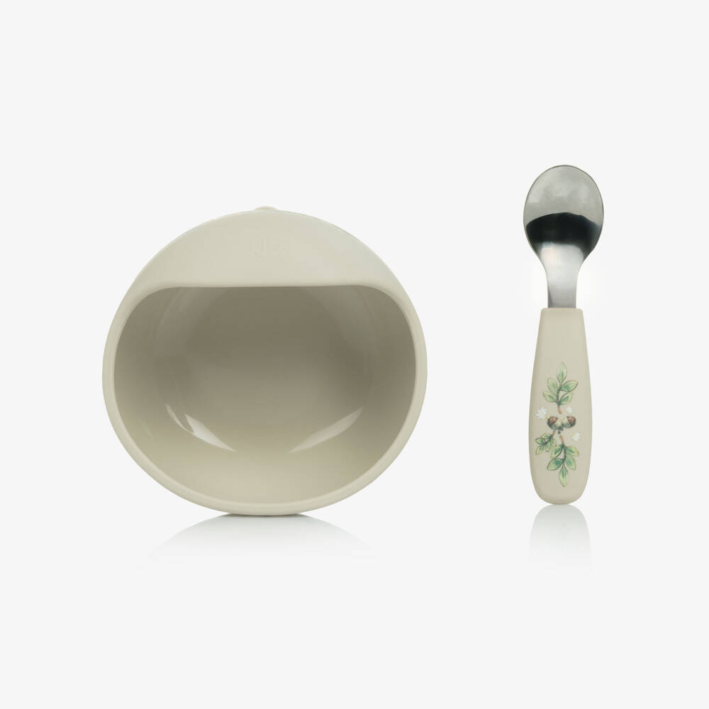Elodie-Ivory & Green Forest Print Feeding Bowl & Spoon Set | Childrensalon Outlet