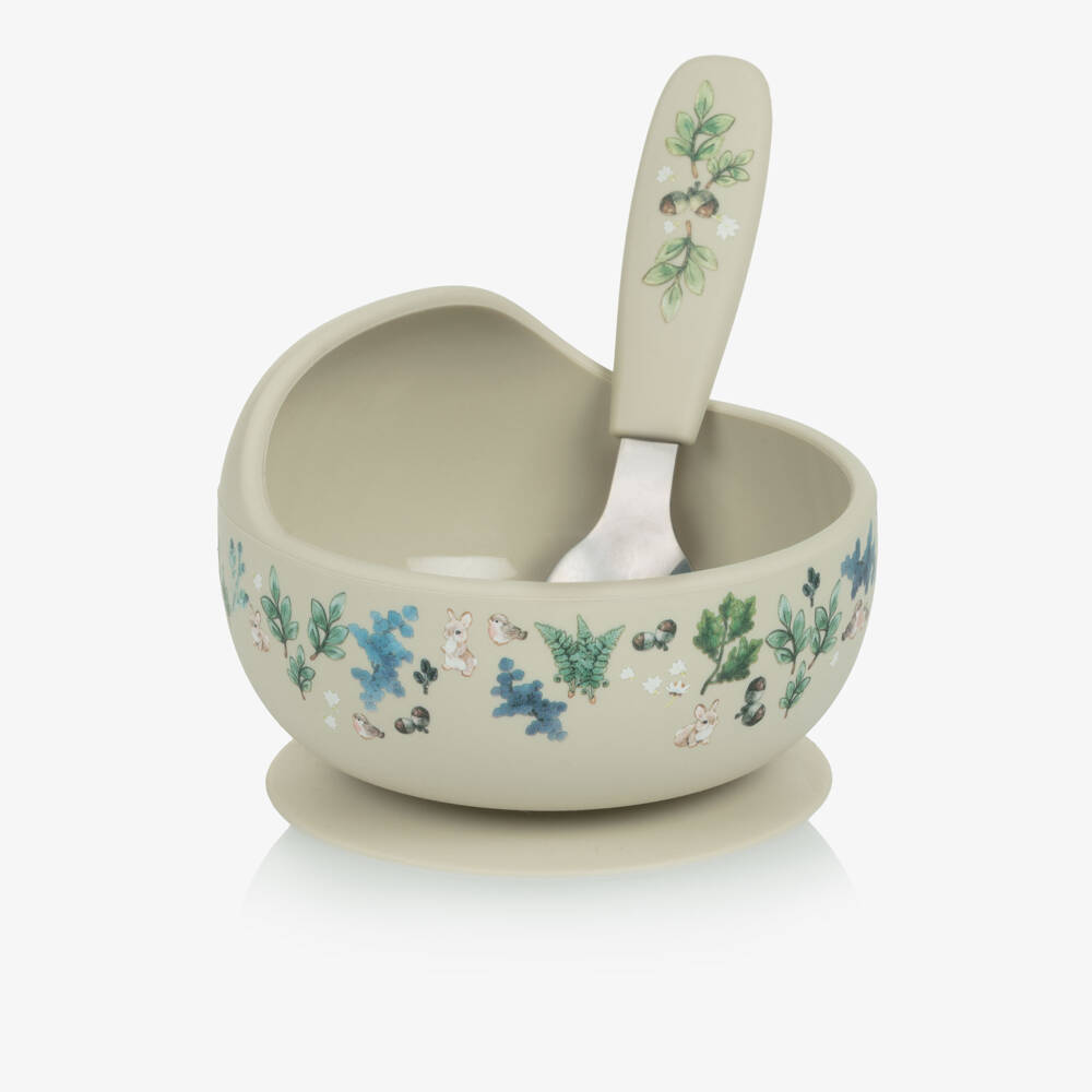 Elodie-Ivory & Green Forest Print Feeding Bowl & Spoon Set | Childrensalon Outlet