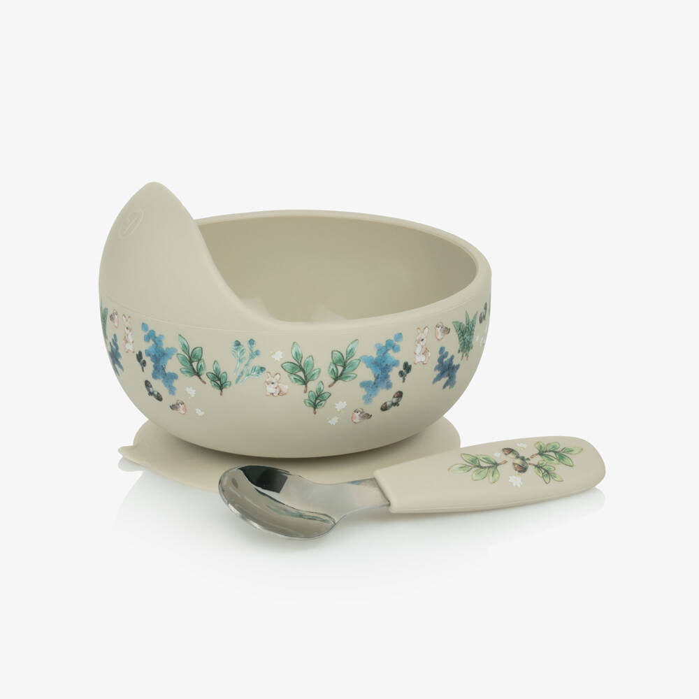 Elodie-Ivory & Green Forest Print Feeding Bowl & Spoon Set | Childrensalon Outlet