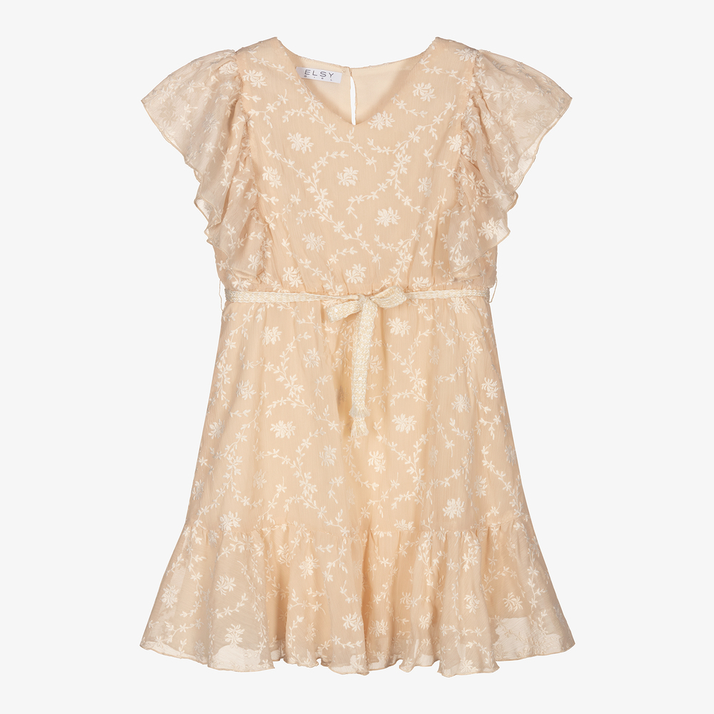 Elsy - Beige Floral Embroidered Dress | Childrensalon