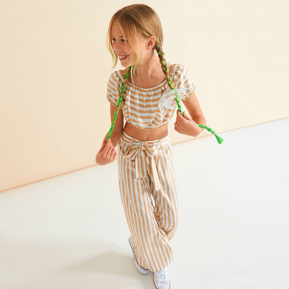 Elsy-توب قصير مزيج فيسكوز مقلم لون بيج وأبيض | Childrensalon Outlet