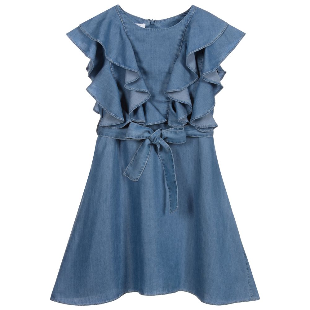 Elsy - Blue Chambray Frill Dress | Childrensalon