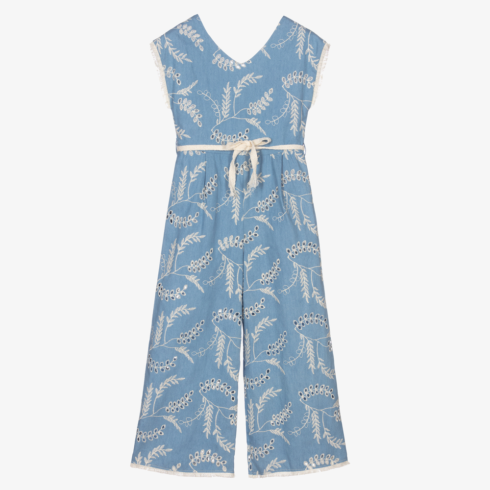 Elsy - Blue Cotton Chambray Jumpsuit | Childrensalon