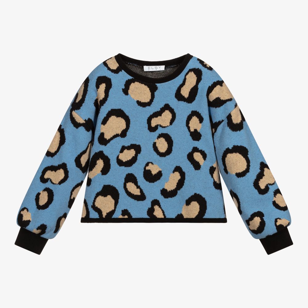 Elsy - Blauer Pullover mit Leopardenmuster | Childrensalon