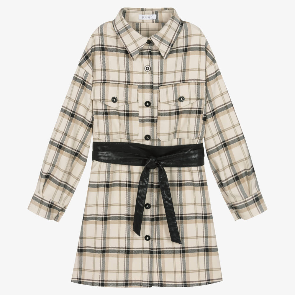 Elsy - Girls Beige & Black Check Belted Dress | Childrensalon