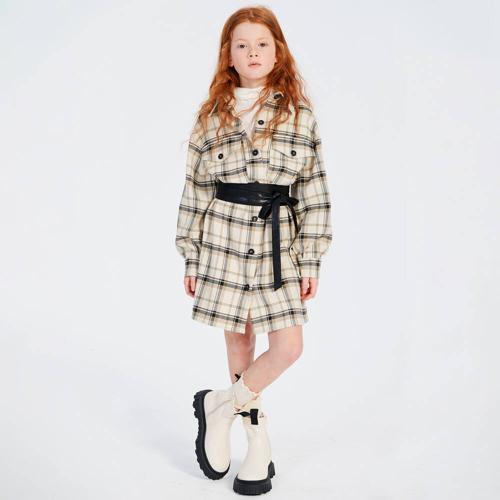 Elsy-Girls Beige & Black Check Belted Dress | Childrensalon Outlet