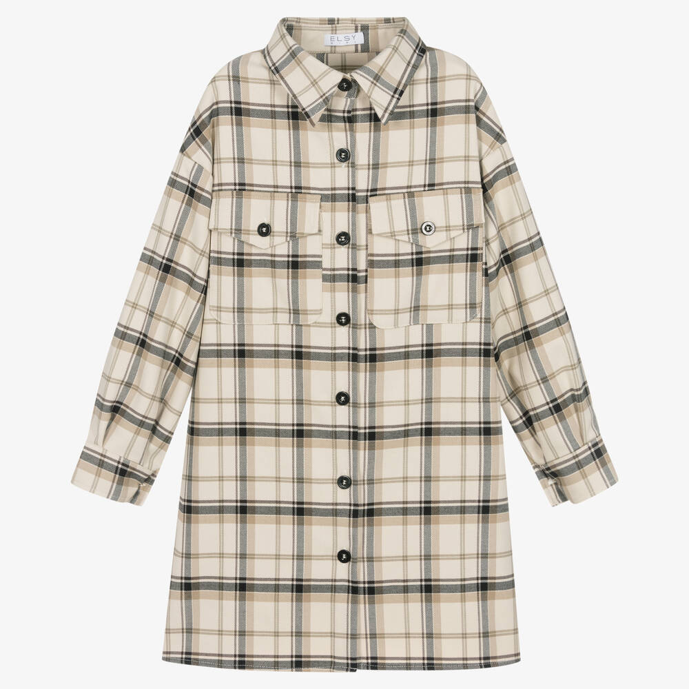 Elsy-Girls Beige & Black Check Belted Dress | Childrensalon Outlet