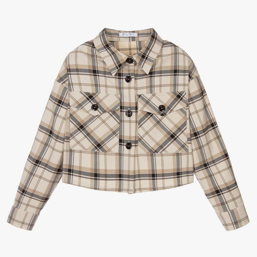 Elsy - Girls Beige Check Cropped Jacket | Childrensalon