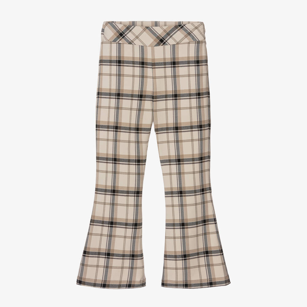 Elsy - Girls Beige Check Flared Trousers | Childrensalon