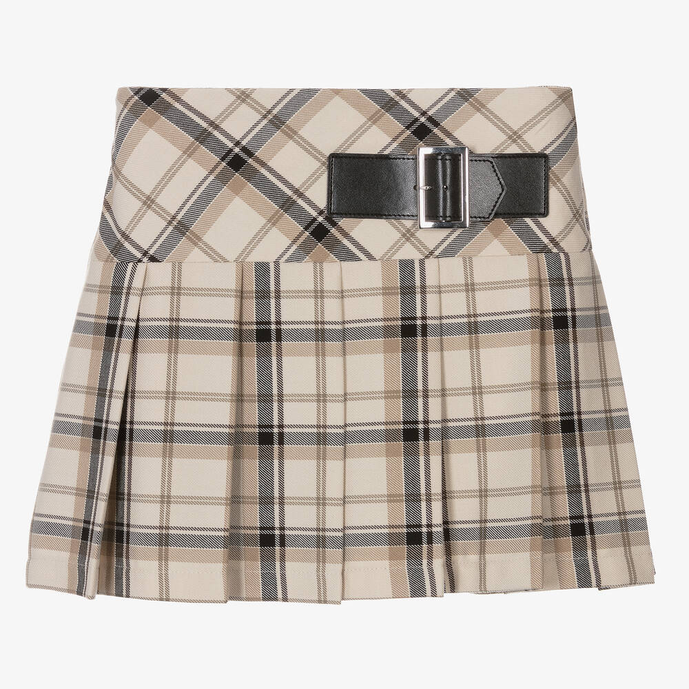 Elsy - Girls Beige Check Pleated Skort | Childrensalon