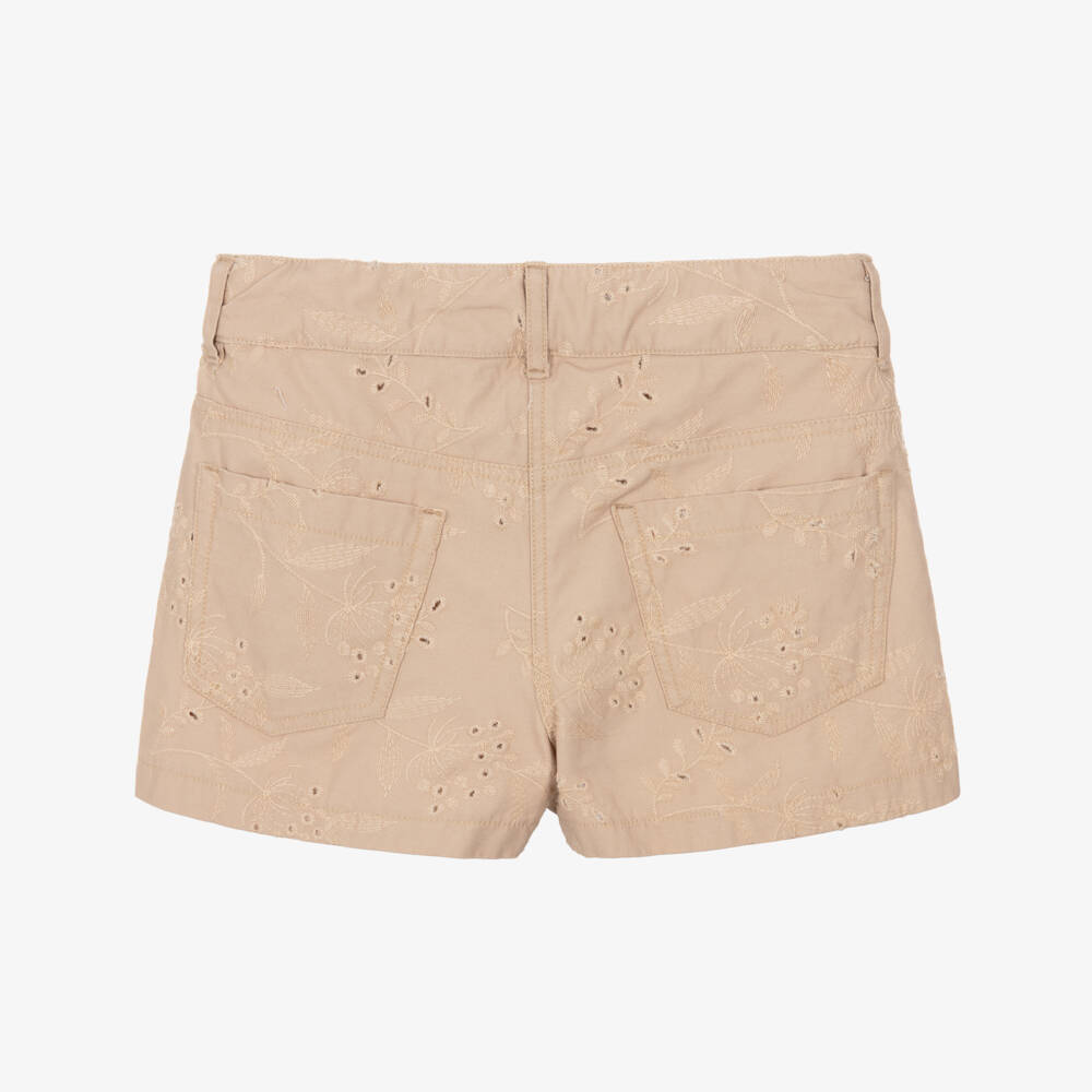 Elsy-Girls Beige Cotton Shorts with Floral Embroidery | Childrensalon Outlet