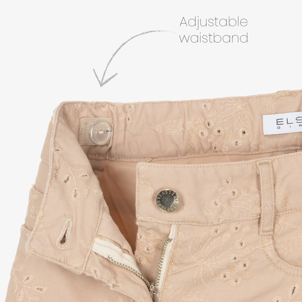 Elsy-Girls Beige Cotton Shorts with Floral Embroidery | Childrensalon Outlet