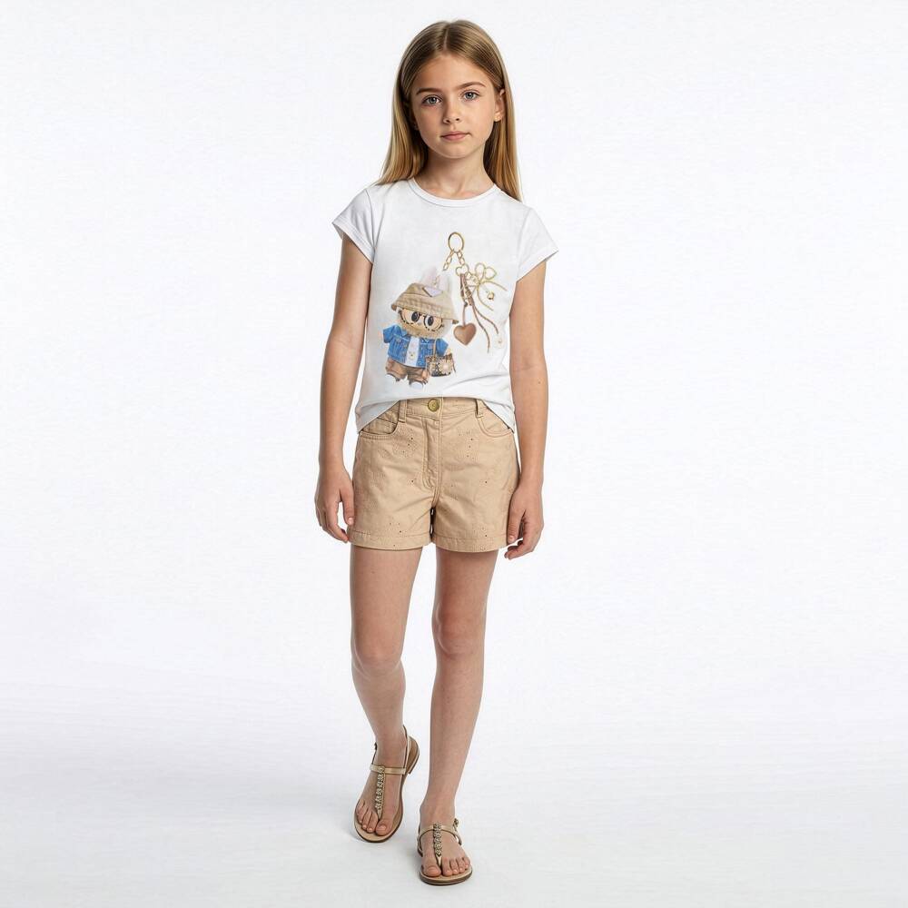 Elsy-Girls Beige Cotton Shorts with Floral Embroidery | Childrensalon Outlet
