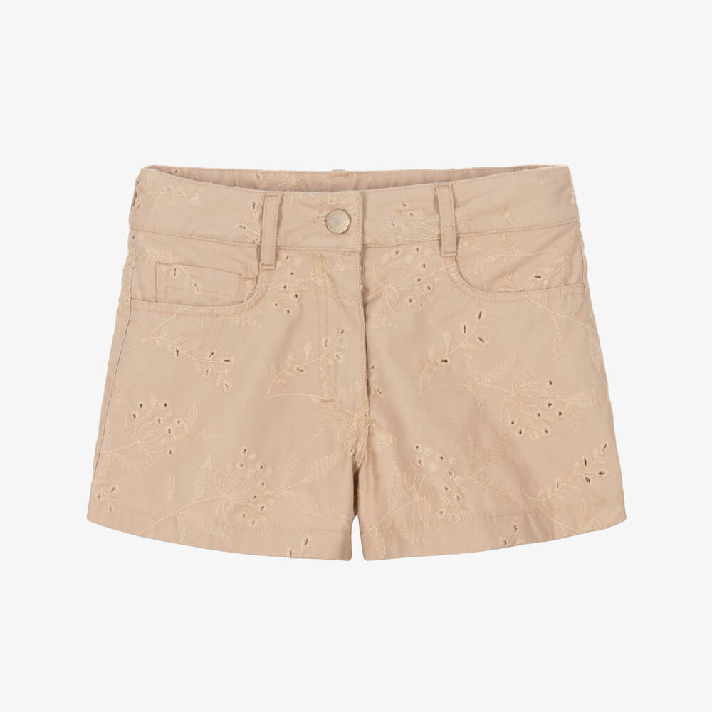 Elsy-Girls Beige Cotton Shorts with Floral Embroidery | Childrensalon Outlet