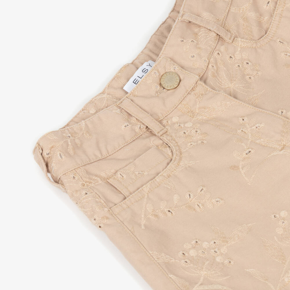 Elsy-Girls Beige Cotton Shorts with Floral Embroidery | Childrensalon Outlet