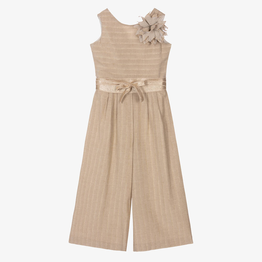 Elsy - Girls Beige & Gold Pinstripe Jumpsuit | Childrensalon