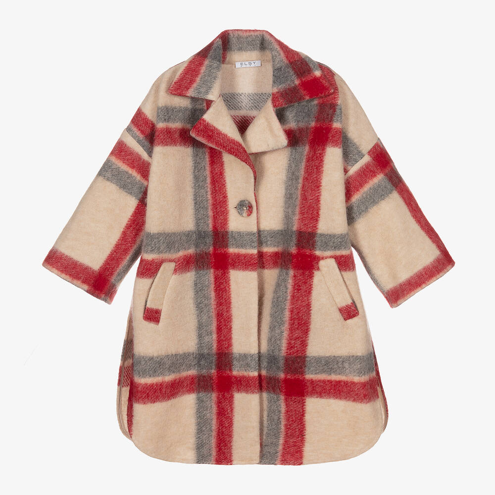 Elsy - Бежево-красное пальто в клетку для девочек | Childrensalon