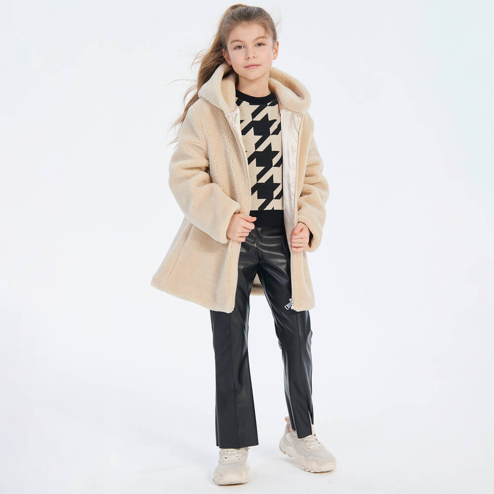 Elsy Girls Beige Teddy Fleece Hooded Coat Childrensalon Outlet