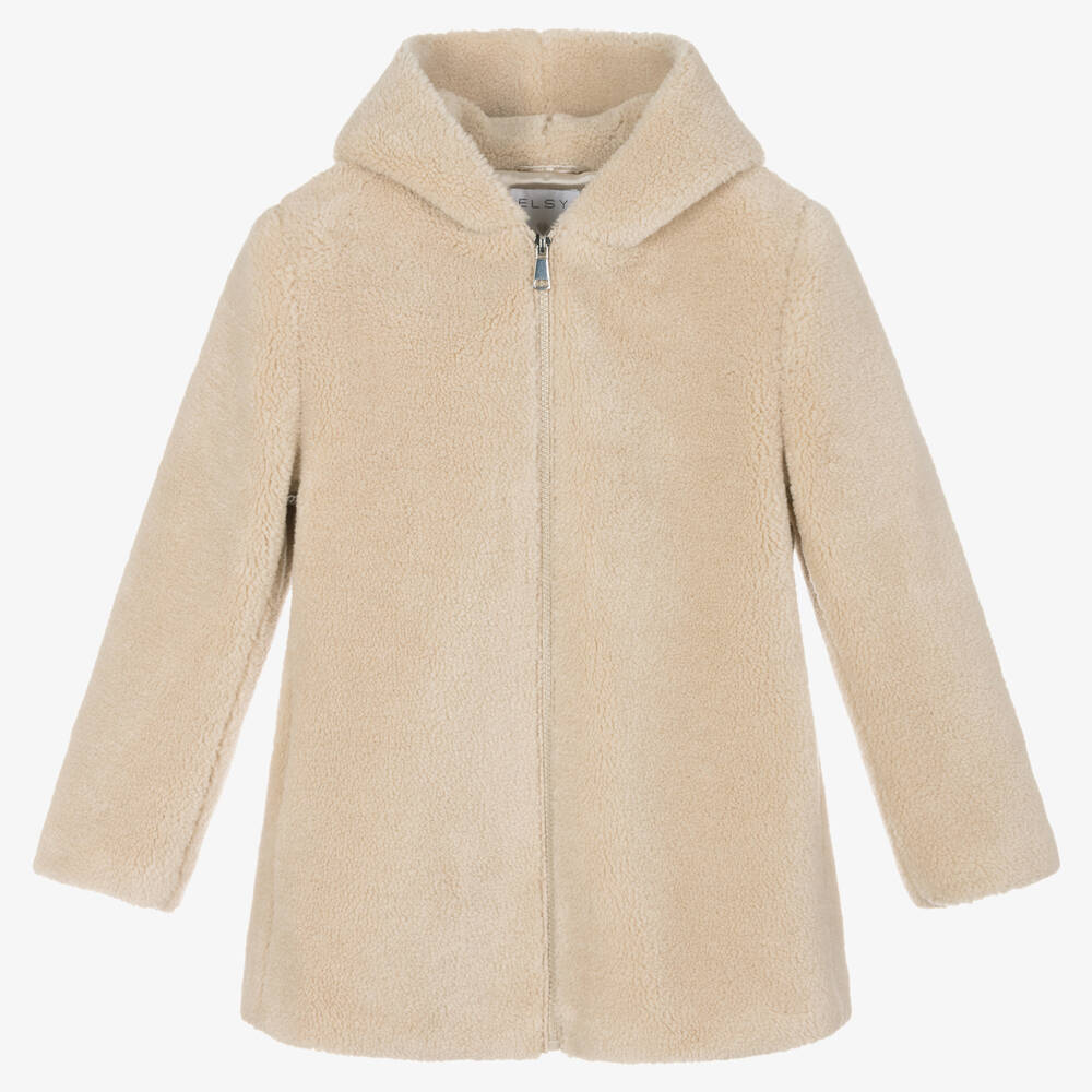Elsy - Manteau à capuche beige en molleton | Childrensalon