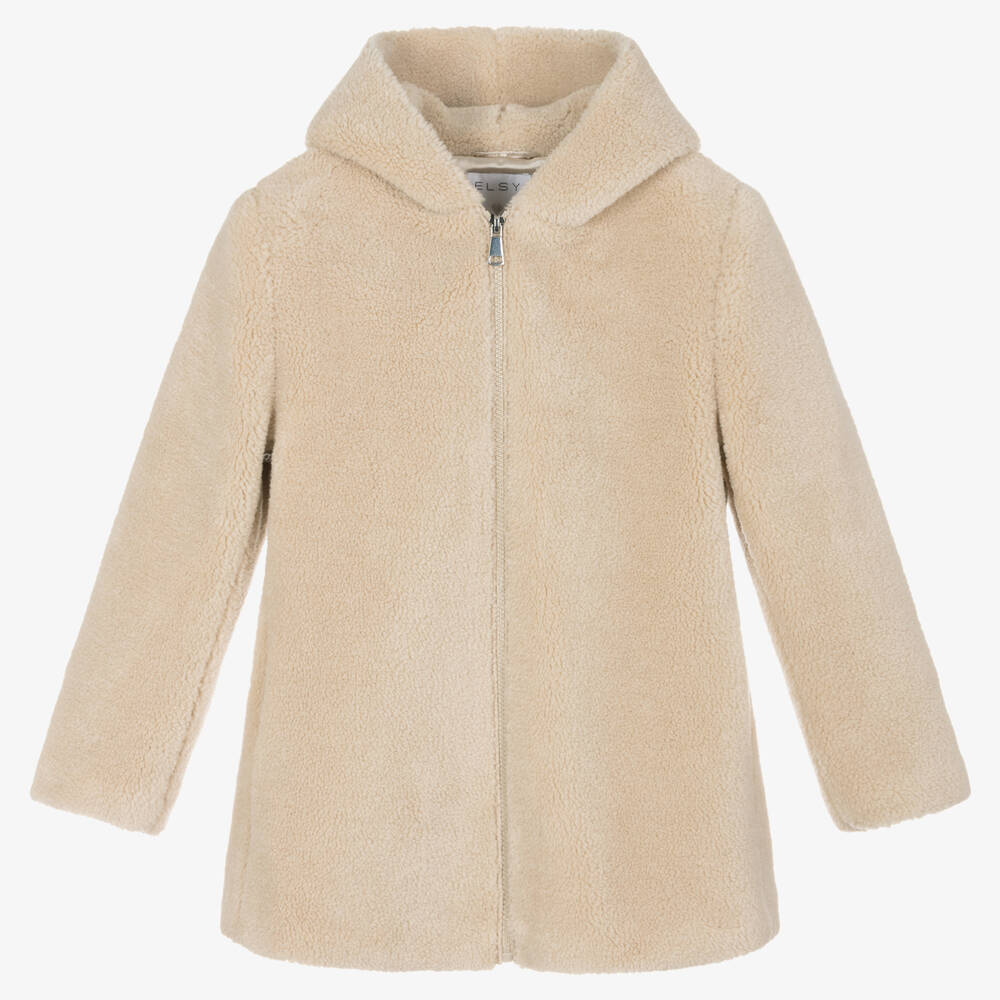 Elsy - Girls Beige Teddy Fleece Hooded Coat | Childrensalon