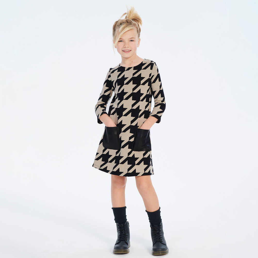 Elsy-Girls Black & Beige Houndstooth Dress | Childrensalon Outlet