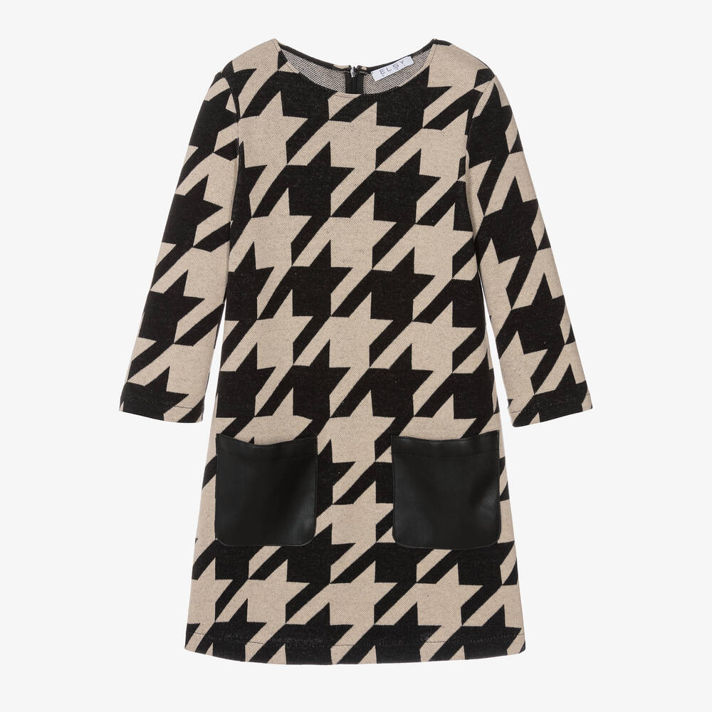 Elsy - Girls Black & Beige Houndstooth Dress | Childrensalon